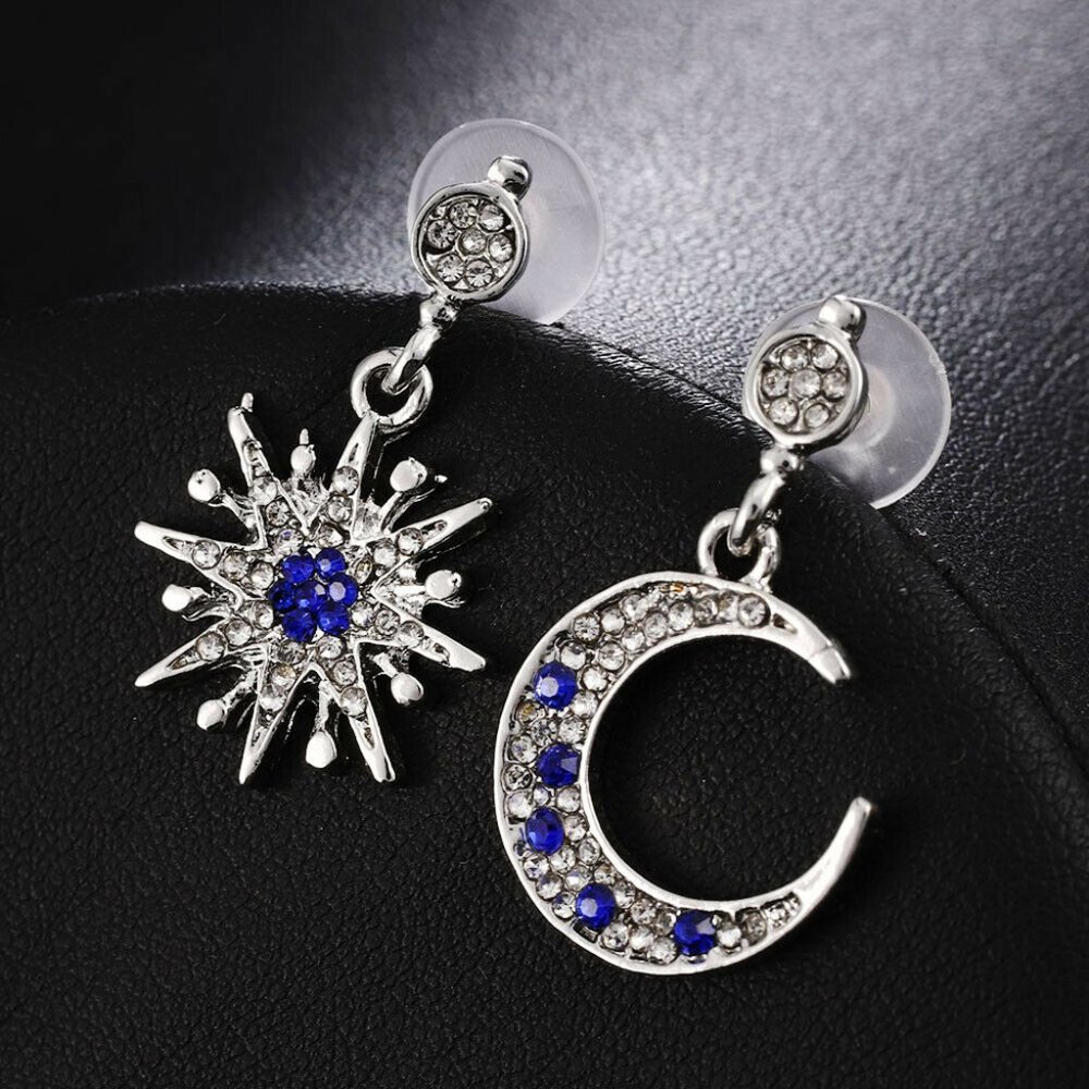 Silver Drop Blue Sapphire Moon Star Earrings - Picture 4 of 9